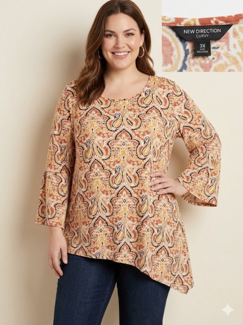 New Directions tunic top with a vibrant rust, gold, cream, and black paisley 3X